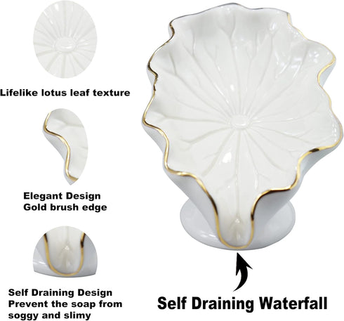 Soap Dish Ceramic White - Lotus Leaf Shape Holder - Self Draining Soap Dish for Bathroom, Kitchen, Bar Counter