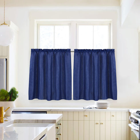 Valea Home Waffle Weave Textured Bathroom Window Curtains, Water Repellent Short Kitchen Tiers 24 inch Length, Navy Blue
