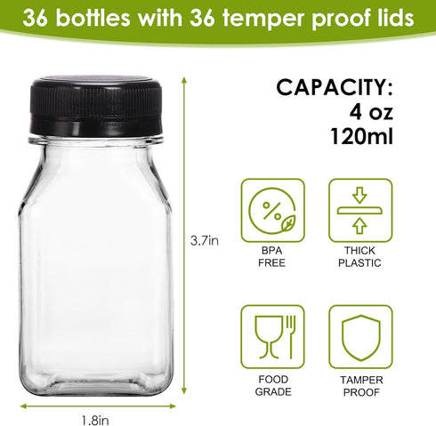 36pcs 4oz Moretoes Juice Bottles, Small Plastic Bottles with Caps, Reusable Clear Containers with Lids for Juicing