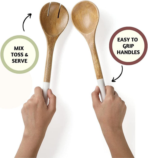Folkulture Wooden Salad Servers or Tongs - 12-inch Spoon and Fork Set for Serving Salad, Mango Wood, White