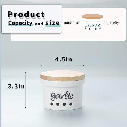 Garlic Keeper with Wooden Lid, Ceramic Garlic Saver Container for Countertop, Farmhouse Kitchen Decor