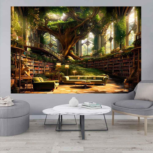 60x40inch Ine Ive Forest Library Tapestry Mysterious Green Tree Medieval Bookshelf Aesthetic Tapestries Vintage Book