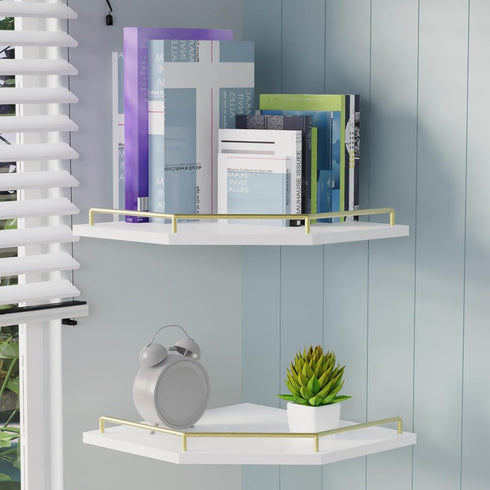 2-Tier 9.5-inch Tirzah White Wall Mount Corner Shelf with Gold Metal Guardrail, Diamond-Shaped Wood Corner Floating