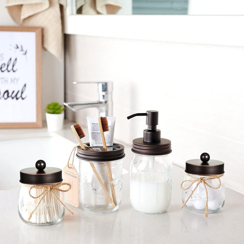 Amolliar Mason Jar Bathroom Organizer - Rustic Farmhouse Decor Accessories - Oil Rubbed Bronze Qtip Holder Dispenser (2