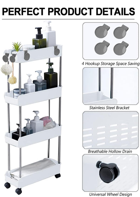 4-Tier Melody House Slim Mobile Shelving Unit on Wheels, Slide Out Rolling Bathroom Storage Organizer, Utility Carts