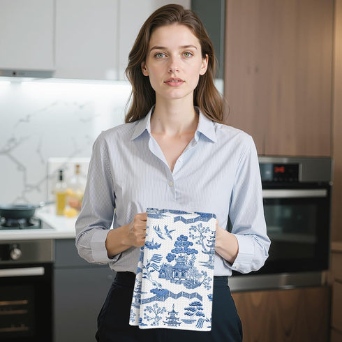 Hanamiya Na 3Pcs Exquisite Traditional Landscape Kitchen Towels, Koi Fish Floral Decorative Absorbent Microfiber Dish