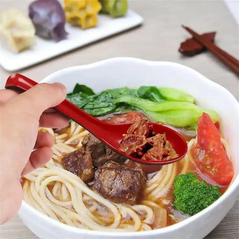 2 Pack Red and Black 6.5-Inch Asian Soup Spoon with Hook Fuji Chinese Japanese Korean Style for Melamine Won Ton Rice