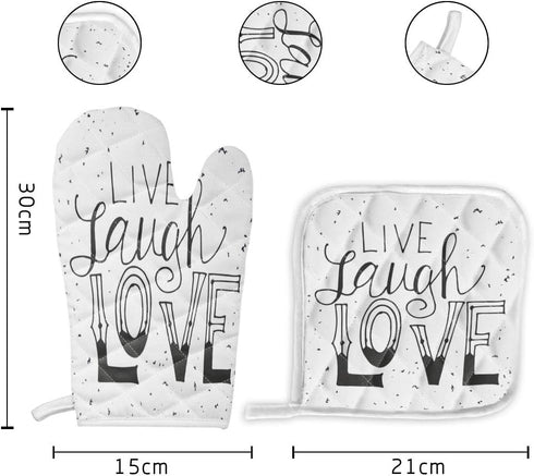Set of Oven Mitt and Pot Holder, Live Laugh Love Quote, Heat Resistant Non-Slip Surface for Kitchen