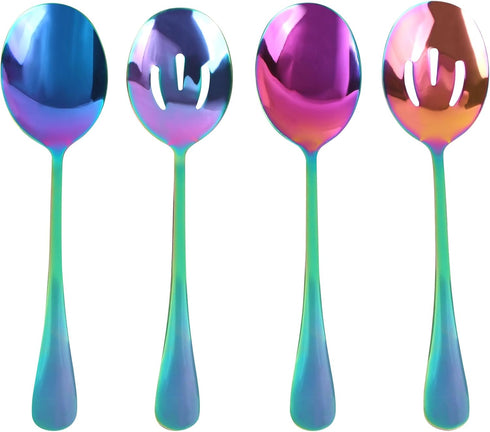 4 Pieces Colorful Serving Spoons Set, 2 Large Serving Spoons and 2 Slotted Spoons, Rainbow Stainless Steel Utensils