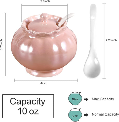 Porcelain Sugar or Salt Bowl with Lid and Spoon, Ceramic Spice Keeper Pearlescent Glazed Design Modern Kitchen Decor, 9 Ounce, Pink by Ursword