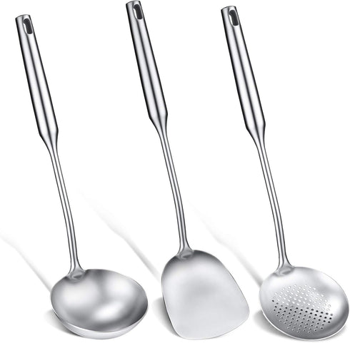 Patelai 3 Pcs Wok Utensils Set: 15in Spatula, Ladle, 304 Stainless Steel, All Metal for Cooking