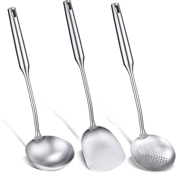 Patelai 3 Pcs Wok Utensils Set: 15in Spatula, Ladle, 304 Stainless Steel, All Metal for Cooking