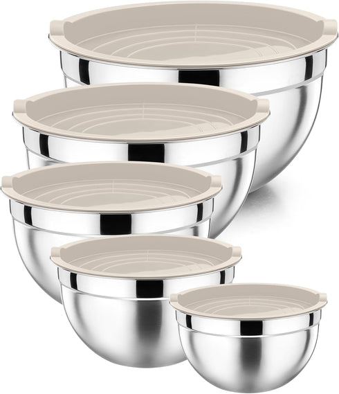 Khaki Mixing Bowls with Lids, Set of 5, P&P CHEF Stainless Steel Nesting Salad Bowls for Mixing & Storing