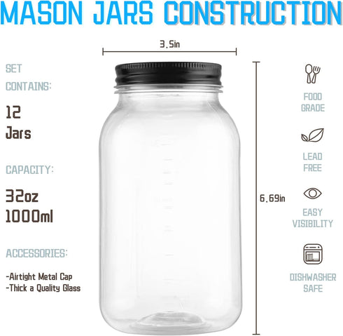 novelinks 32 OZ Clear Plastic Mason Jars with Airtight Lids - 12 PACK Plastic Jars for Kitchen & Household Storage