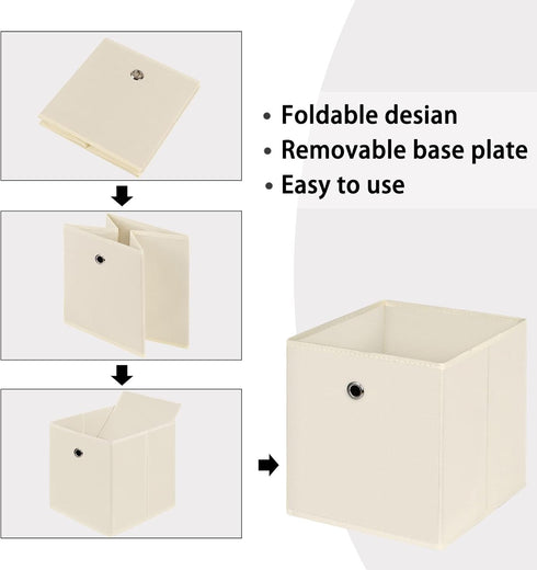 Foldable Storage Cubes Bins, 11 Inch Cloth Storage Box Organizer with Dual Handles for Home, Set of 6, Creamy-White