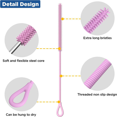 2Pcs 6mm+9mm, YOTIME Silicone Straw Cleaner Brush, Reusable Straw Brush Extra Long for Cleaning Tumbler with Handle