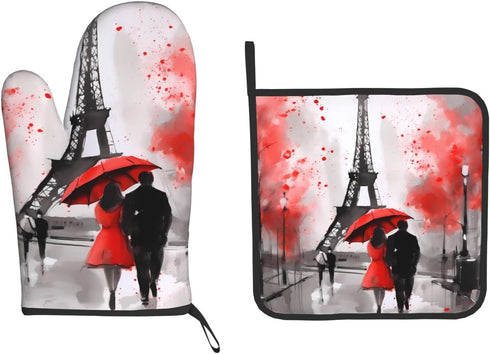 Oven Mitt and Pot Holders 2 Sets, Non-Slip BBQ Gloves with Eiffel Tower Flower Kitchen Design