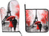 Oven Mitt and Pot Holders 2 Sets, Non-Slip BBQ Gloves with Eiffel Tower Flower Kitchen Design