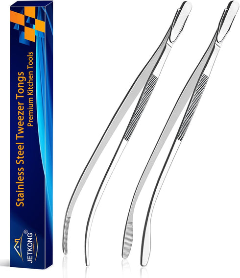 JETKONG 2 Pcs 12'' Curved Kitchen Tweezers: Stainless Steel Professional Chef Tongs for Cooking, BBQ (Silver)