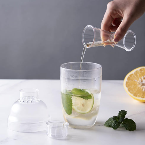 Homestia Plastic Cocktail Shaker with Measuring Jigger Set - 1000cc / 33 oz Clear Plastic Bottle Boba Tea Shaker Cup
