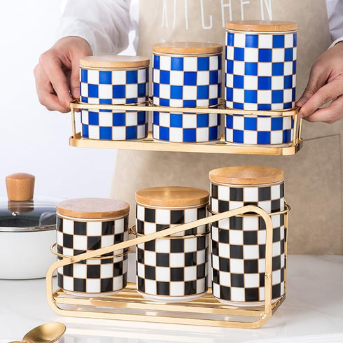 Countertop Set, 3Pcs Countertop Kitchen Ceramic Checkered Canisters Grid Pattern Kitchen Jars with Layered Shelves