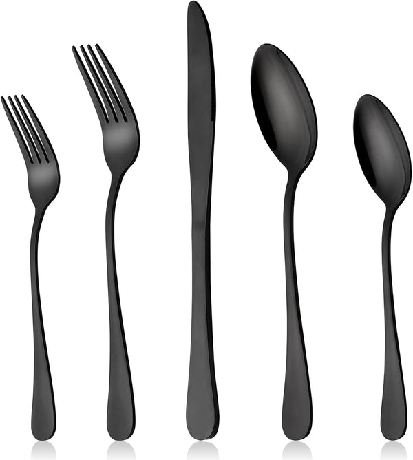 LIANYU Black Silverware Flatware Set for 2, 10-Piece Stainless Steel Cutlery Set, Mirror Finished, Dishwasher Safe
