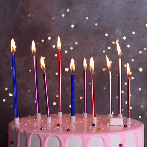 12 Count Long Thin Red Birthday Cake Candles with Holders for Birthday, Wedding Party, Cupcake Decorations