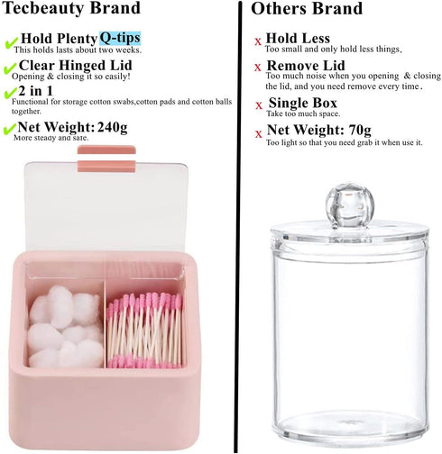 Tecbeauty Qtips Storage Organizer, 2-Grid Dispenser with Hinged Lids for Swabs, Balls, Pads, Pink
