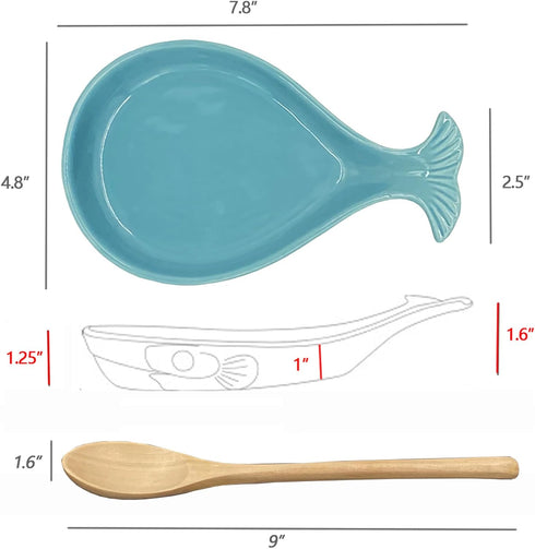 Ceramic Spoon Rest for Kitchen, Whale Shape, 4.8W x 7.8L with Wooden Spoon
