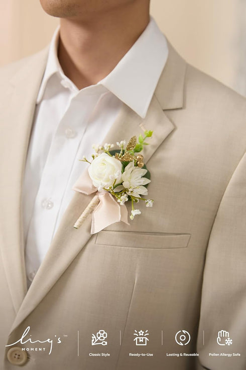Ling's Moment 6pcs Boutonniere for Men, Artificial Flowers for Wedding Decor, White Baby Breath Ivory