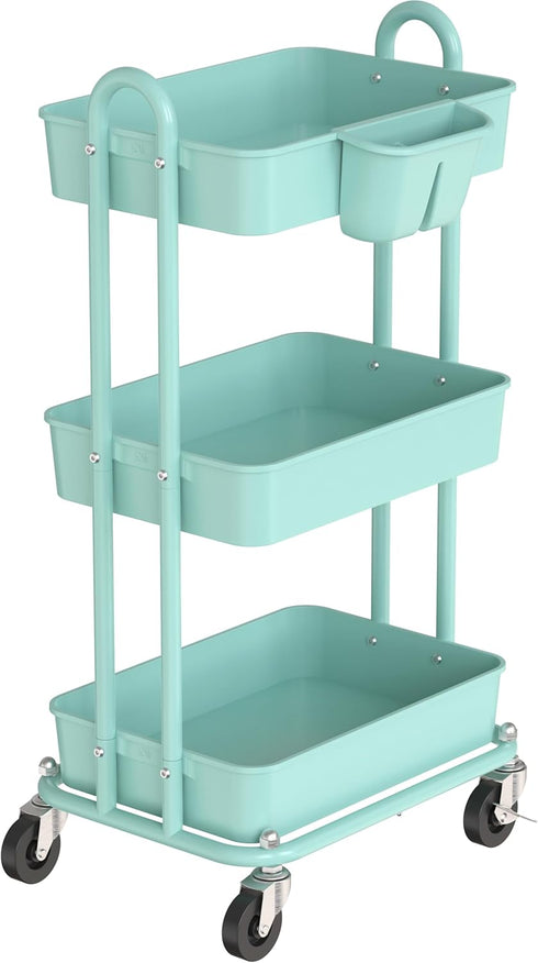 Simple Houseware 3-Tier Multifunctional Rolling Utility Cart with Hanging Bucket, Turquoise