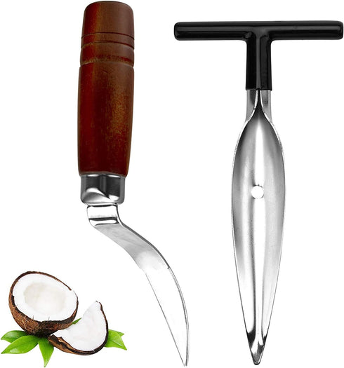 2 PCS Coconut Opener Tool Set, Stainless Steel Coconut Meat Remover, Non-Slip Wooden Handle Scraper Knife