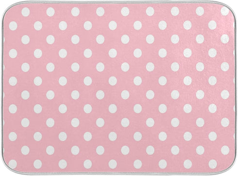 Pink White Polka Dot Dish Drying Mat for Kitchen Counter, 18 x 24 Inch Absorbent Microfiber Drainer Mat