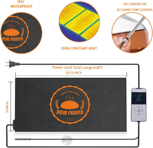 HEATIDEAS Sourdough Warming Mat Bread Proofer Heating Pad with Temperature & Timer Control Waterproof Dough Proofing