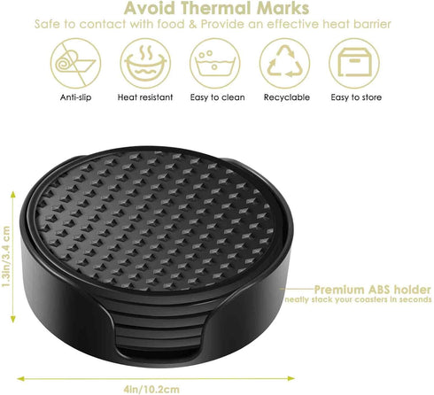 6 Pack Set Silicone Coasters with Holder, Drink Coasters for Hot & Cold at Bar, Desk, Tabletop-Protection, Round Cup
