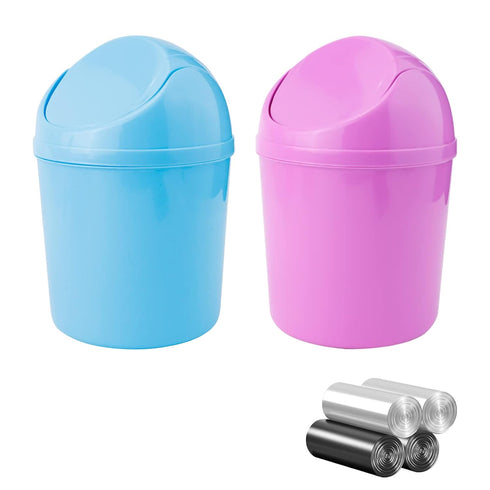 2 Pcs Plastic Mini Wastebasket Trash Can, Swing Lid with 120 Trash Bags for Home, Office, Blue + Purple