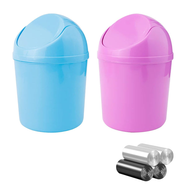 2 Pcs Plastic Mini Wastebasket Trash Can, Swing Lid with 120 Trash Bags for Home, Office, Blue + Purple