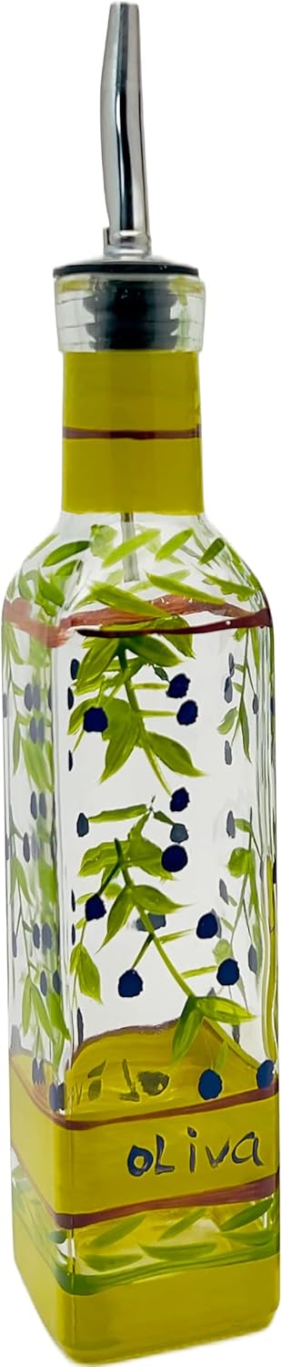 Hand Painted Glass Olive Branch Oil/Vinegar Cruet, 8 oz Dispenser with Stainless Steel Spout for Kitchen