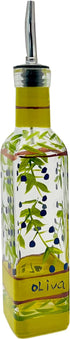 Hand Painted Glass Olive Branch Oil/Vinegar Cruet, 8 oz Dispenser with Stainless Steel Spout for Kitchen