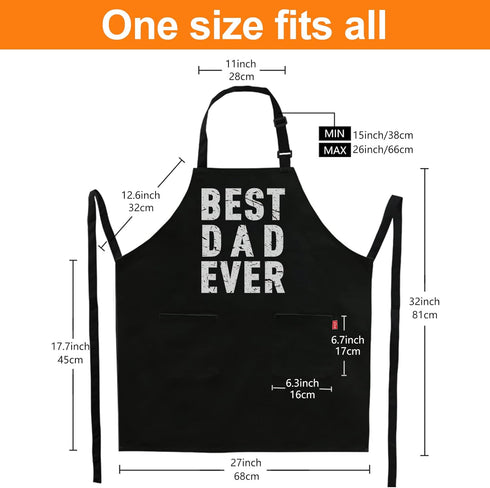 BBQ Funny Apron for Men - Best Dad Ever Chef Bib with 2 Pockets, Adjustable Neck Strap, Black