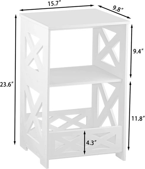 BYFU White Side Table, Small End Table with Storage Shelf, 3-Tier Nightstand for Bedroom and Living Room