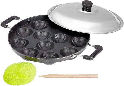 Appam Patra Paniyaram Non Stick Pan, Takoyaki or Danish Aebleskiver Filled Pancake Pastry Maker Set of 1, 12 Pits with