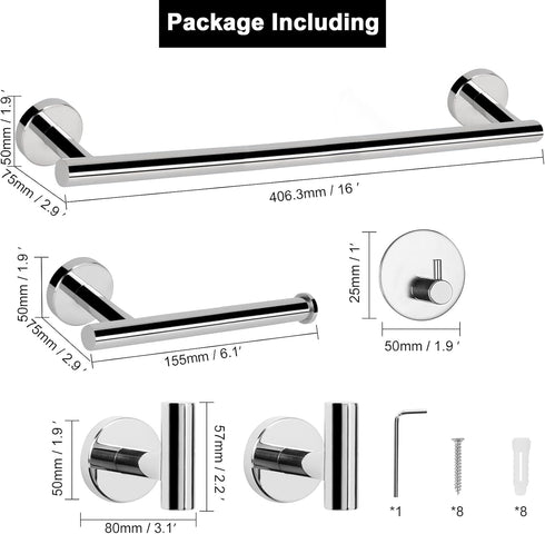 NearMoon 5 Pcs Bathroom Hardware Set, SUS 304 Stainless Steel, 16" Towel Bar, Toilet Paper Holder, 3 Hooks, Chrome