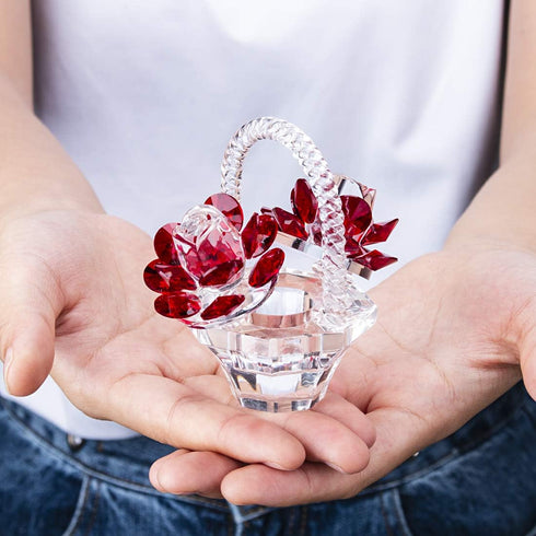 H&D HYALINE & DORA Crystal Red Rose Flower Basket, Collectible Figurines Ornaments for Home Decor Table Centerpiece