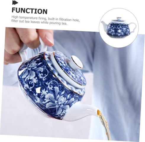 Uonlytech Ceramic Teapot, Blue and White Porcelain Travel Tea Kettle, Retro Portable Teapot with Handle