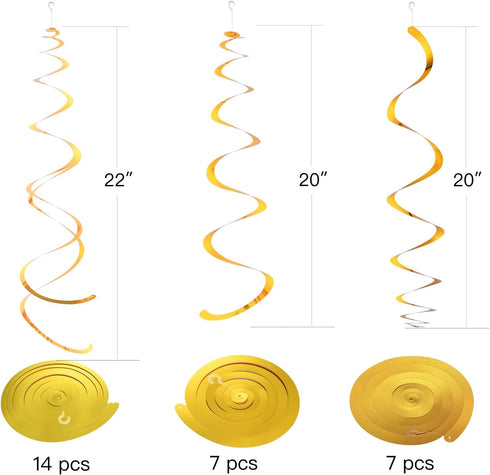 Gold Party Hanging Swirl Decorations - Plastic Streamer for Ceiling, Pack of 28