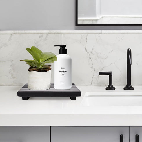 Black Bathroom Counter Organizer - Wooden Display Pedestal Stand for Kitchen Sink Accessories and Vanity Tray