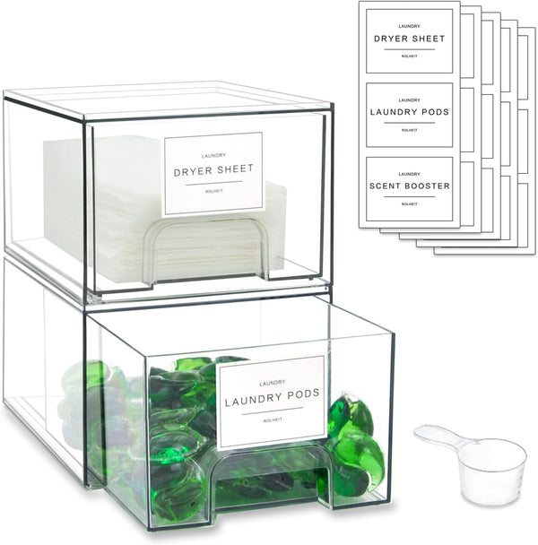 Laundry Room Organization Storage Drawer with Labels, Clear Stackable Drawers for Laundry Room Organizing Decor