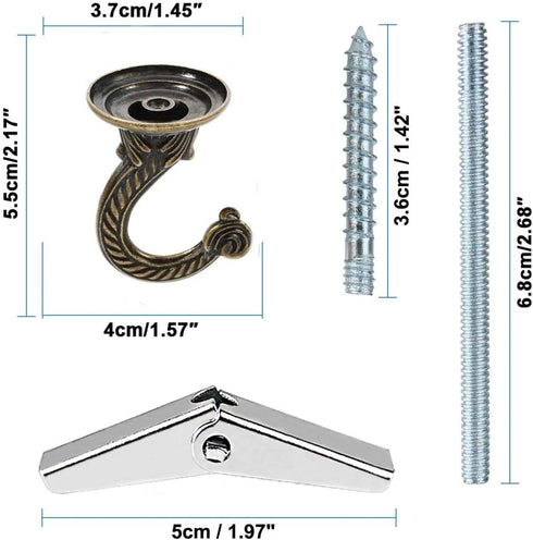 2 Sets 55mm/2.17" Ceiling Metal Ceiling Hooks, Heavy Duty Swag Ceiling Hooks with Hardware for Hanging
