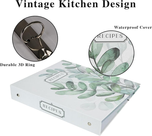 Recipe 3 Ring Binder 8.5x9.5, Full Page 3 Ring Recipe Binder Organizer Set with 25 Slot Pages & 50 Recipe Cards & 6 Divider Pages, Recipe Book for Make Your Own Recipe Sleek Kitchen Leaves by Hiwhy